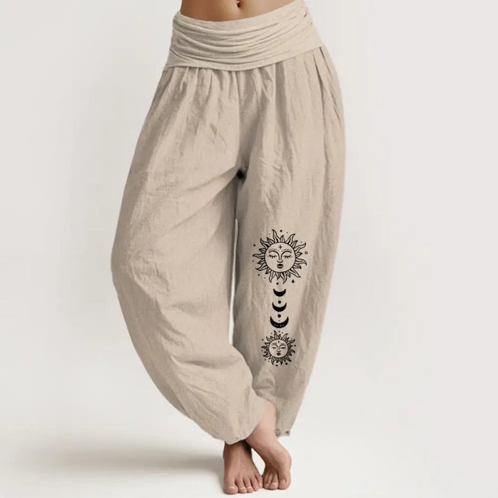 Buddha Stones Bohemian Sun Moon Pattern Women’s Elastic Waist Harem Pure Cotton Pants - Tan / US2，UK/AU6，EU34 (XS)
