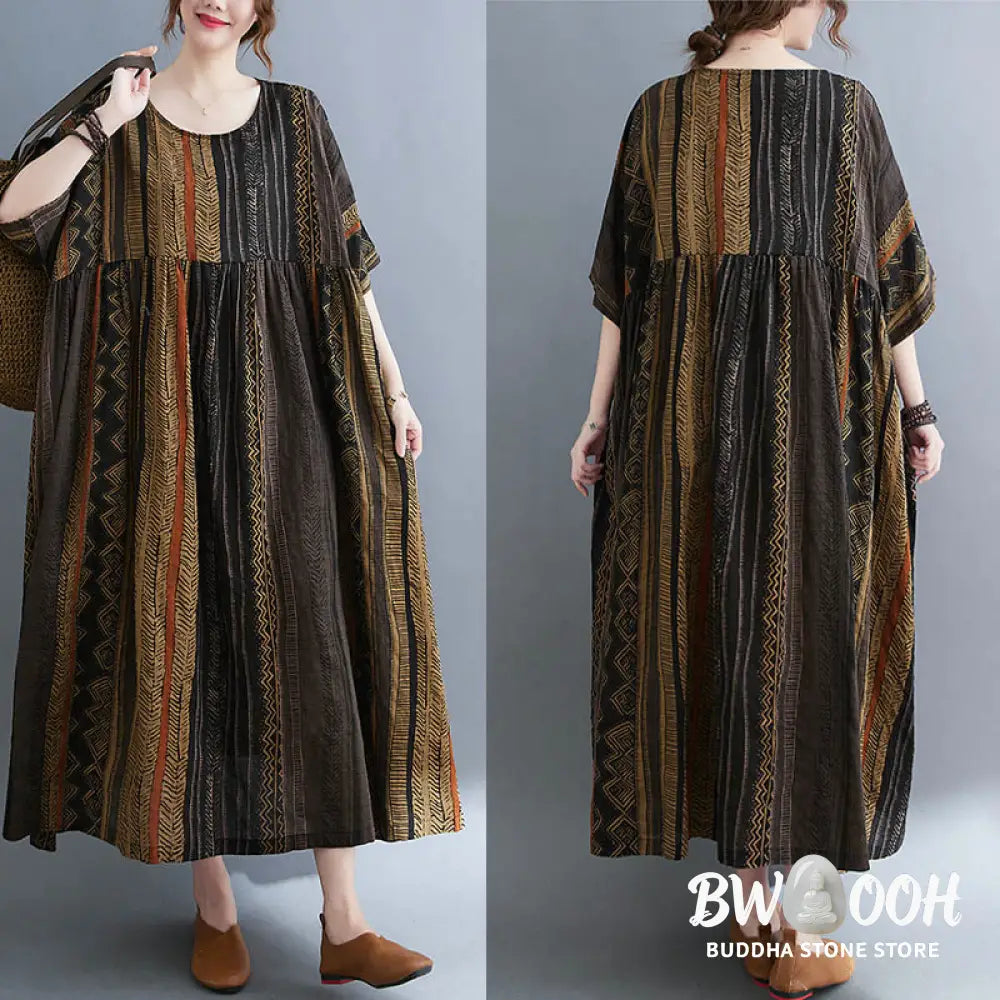 Buddha Stones Boho Geometry Short Sleeve Midi Dress With Pockets - Midi Dress