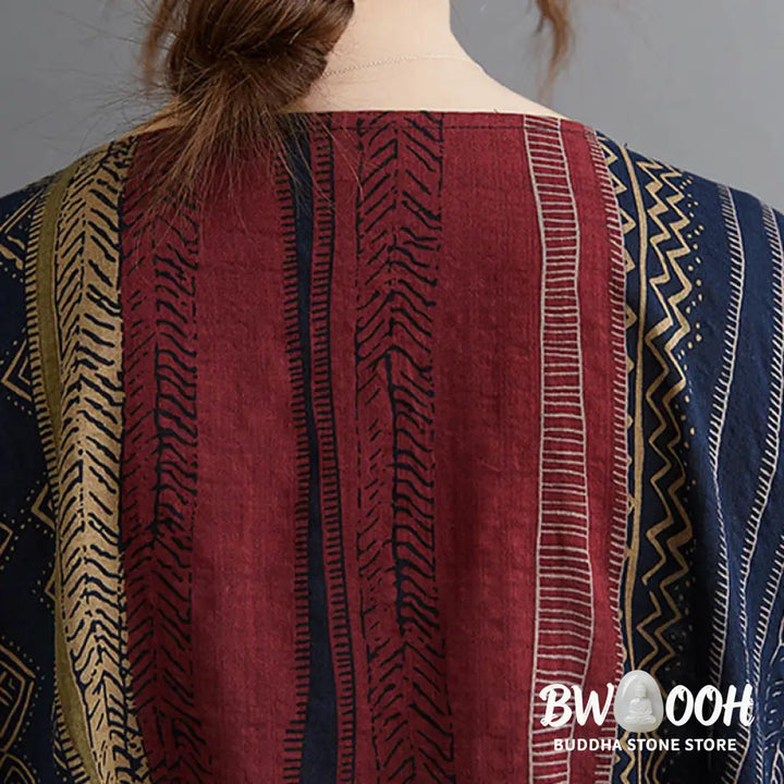 Buddha Stones Boho Geometry Short Sleeve Midi Dress With Pockets - Midi Dress