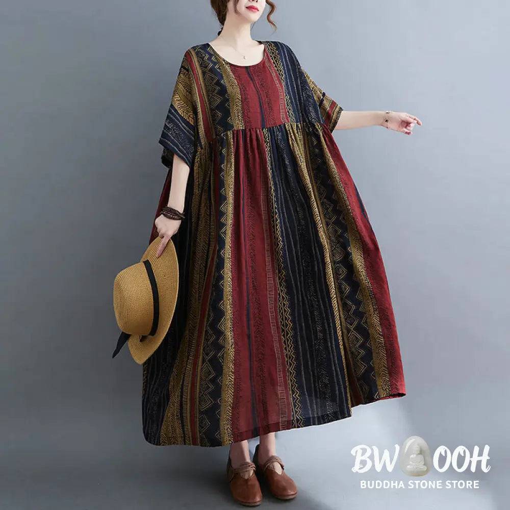 Buddha Stones Boho Geometry Short Sleeve Midi Dress With Pockets - Midi Dress