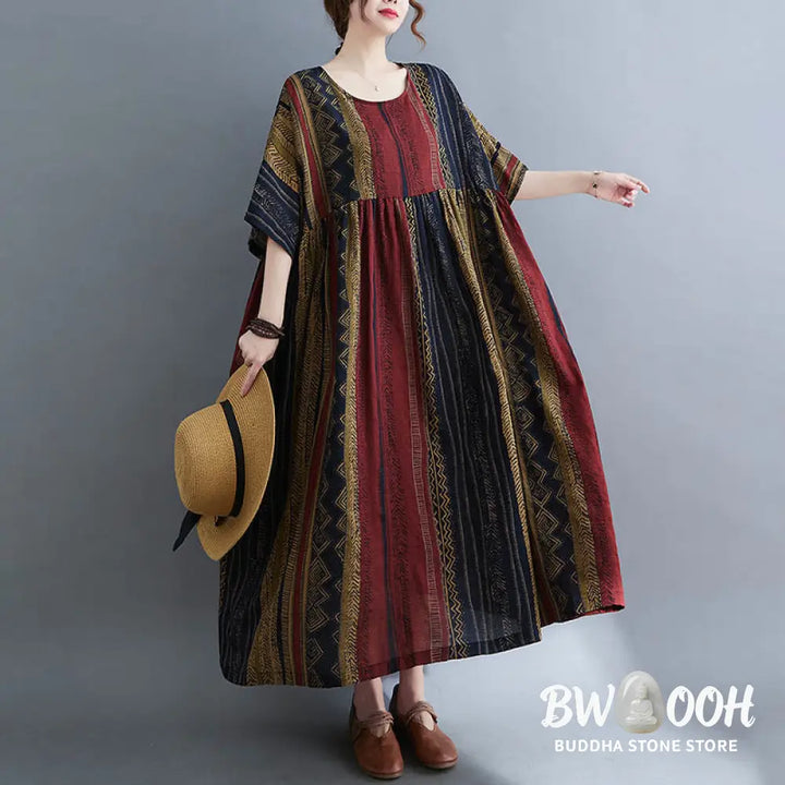 Buddha Stones Boho Geometry Short Sleeve Midi Dress With Pockets - Midi Dress