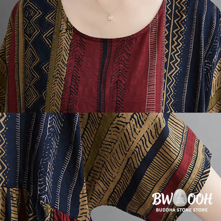 Buddha Stones Boho Geometry Short Sleeve Midi Dress With Pockets - Midi Dress