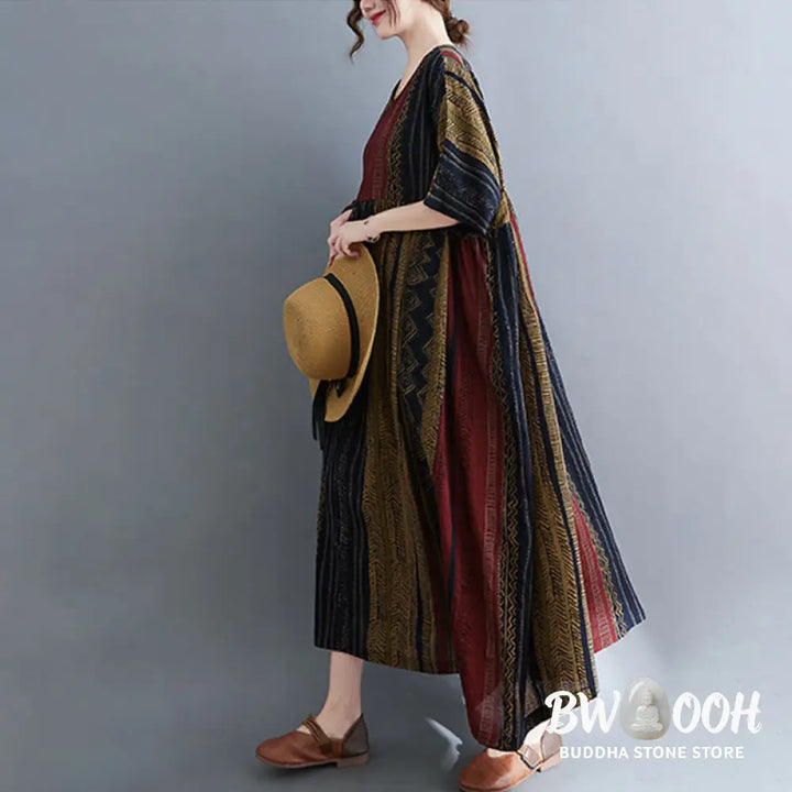 Buddha Stones Boho Geometry Short Sleeve Midi Dress With Pockets - Midi Dress