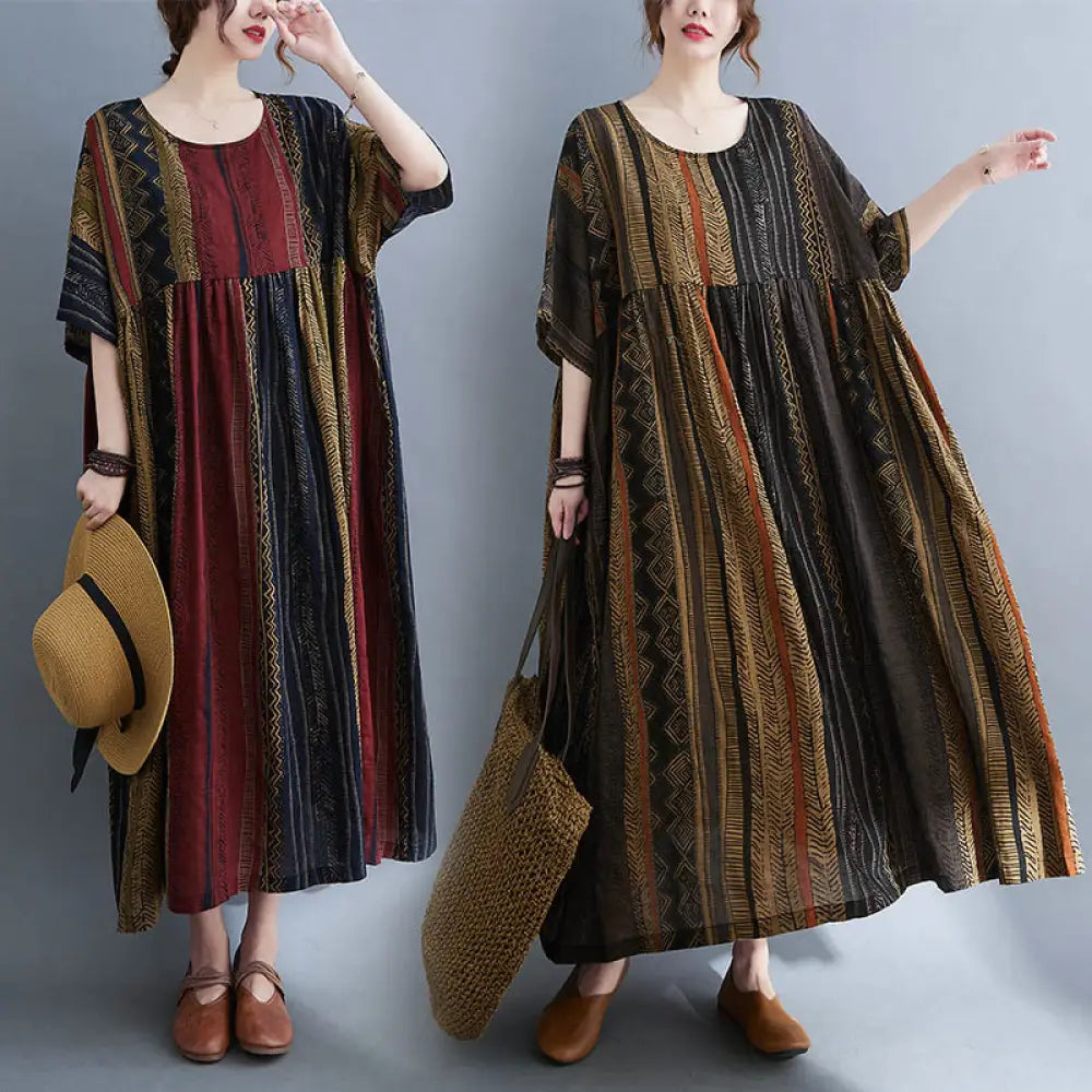 BWOOOH Boho Geometry Short Sleeve Midi Dress With Pockets