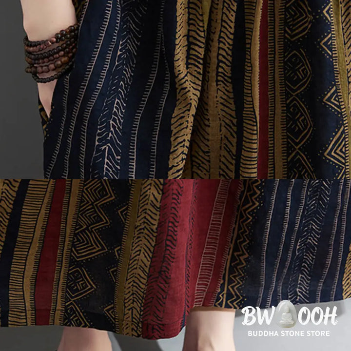 Buddha Stones Boho Geometry Short Sleeve Midi Dress With Pockets - Midi Dress