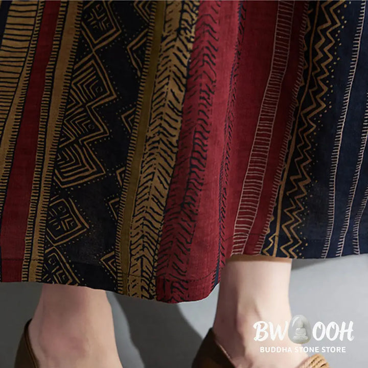 Buddha Stones Boho Geometry Short Sleeve Midi Dress With Pockets - Midi Dress