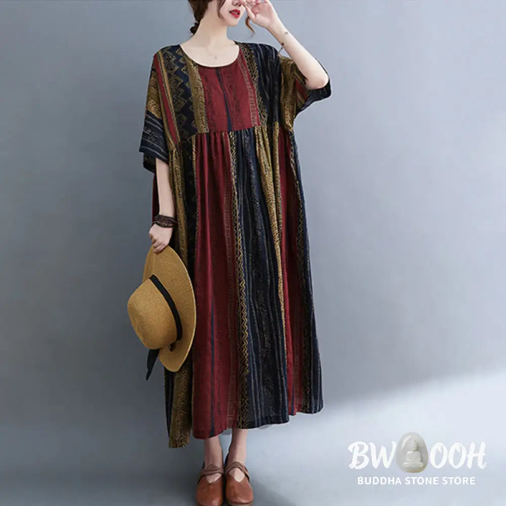 Buddha Stones Boho Geometry Short Sleeve Midi Dress With Pockets - Midi Dress