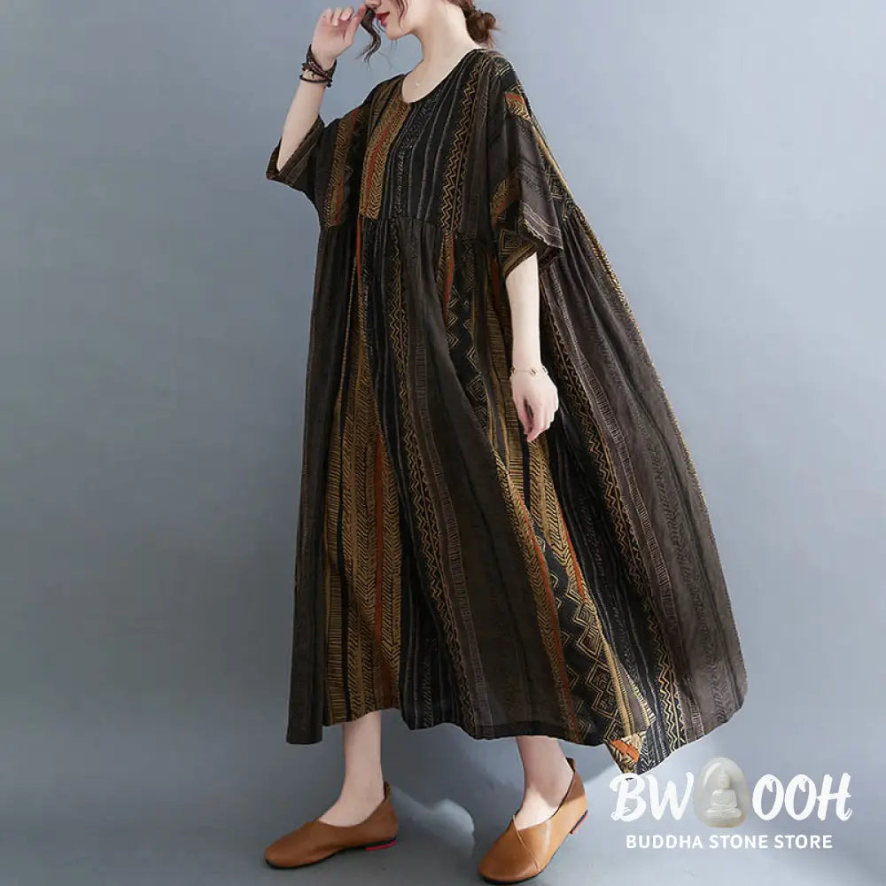 Buddha Stones Boho Geometry Short Sleeve Midi Dress With Pockets - Midi Dress