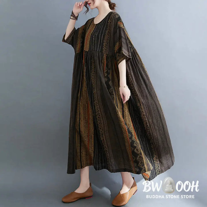 Buddha Stones Boho Geometry Short Sleeve Midi Dress With Pockets - Midi Dress