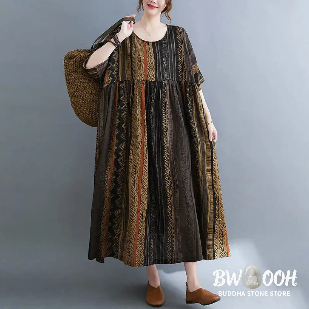 Buddha Stones Boho Geometry Short Sleeve Midi Dress With Pockets - Midi Dress