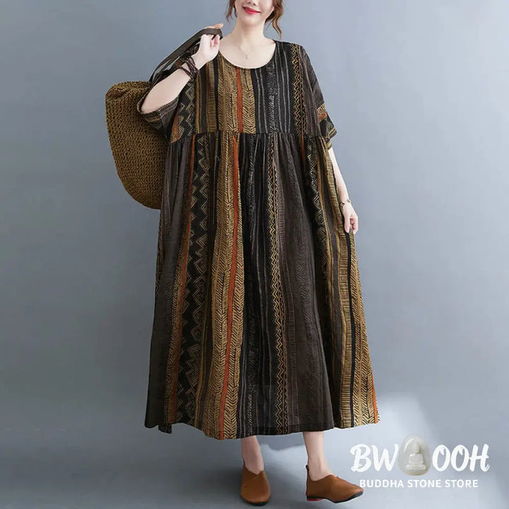 Buddha Stones Boho Geometry Short Sleeve Midi Dress With Pockets - Midi Dress