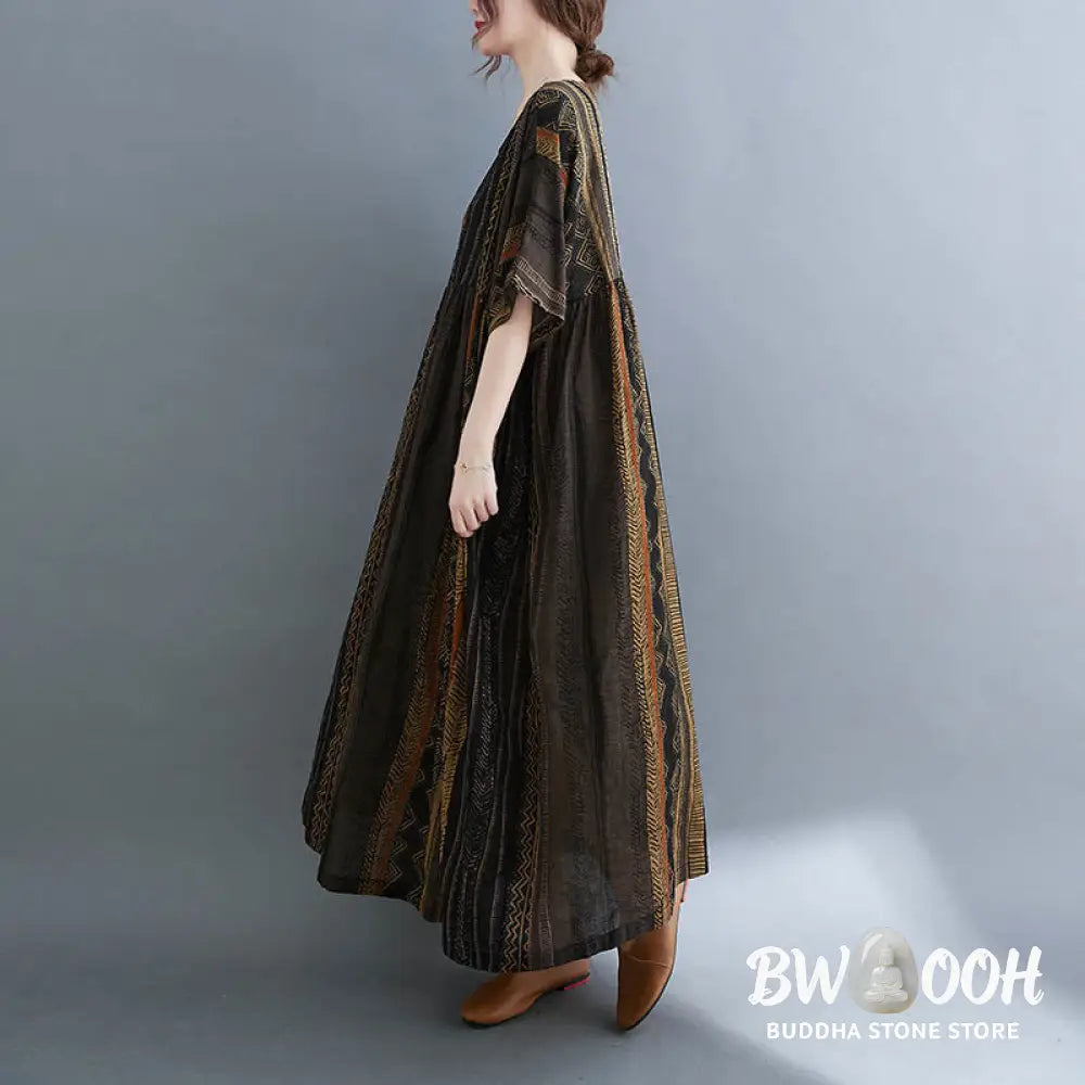 Buddha Stones Boho Geometry Short Sleeve Midi Dress With Pockets - Midi Dress