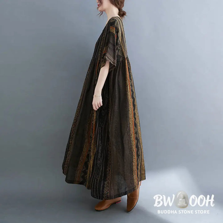 Buddha Stones Boho Geometry Short Sleeve Midi Dress With Pockets - Midi Dress