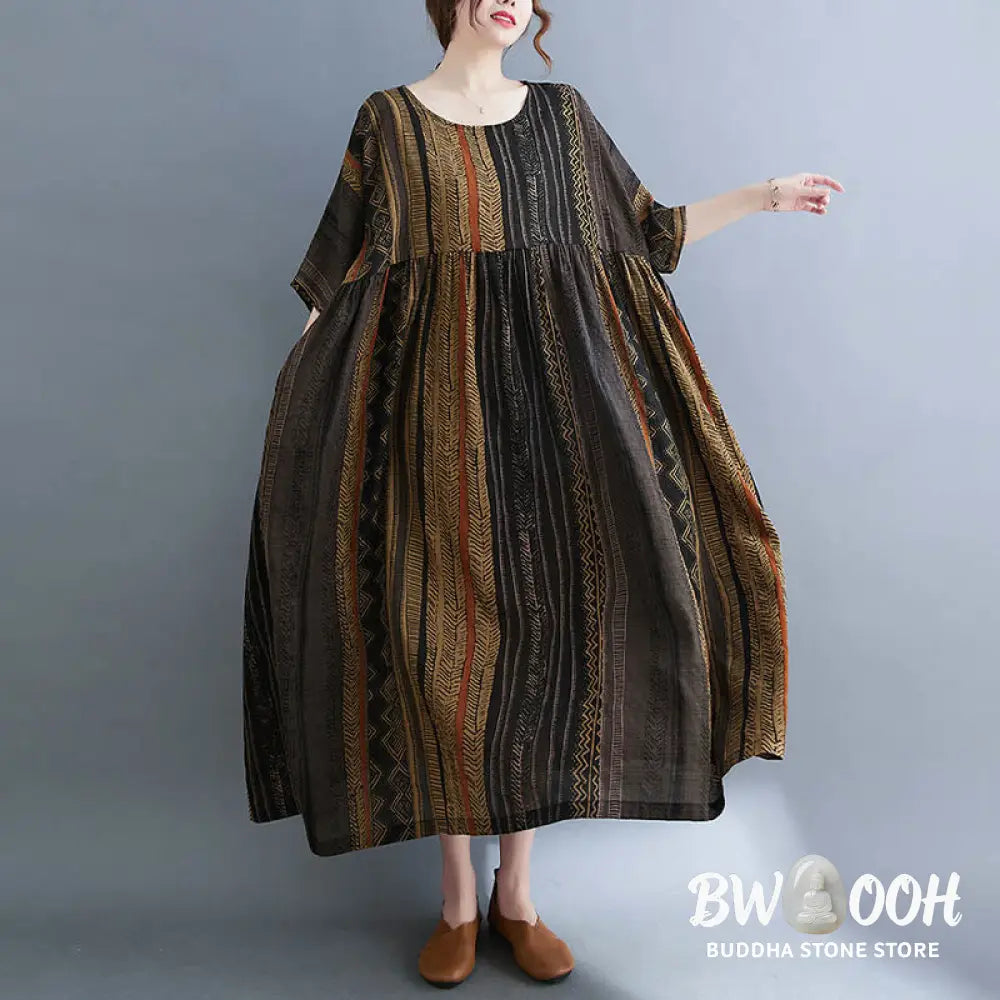 Buddha Stones Boho Geometry Short Sleeve Midi Dress With Pockets - Midi Dress