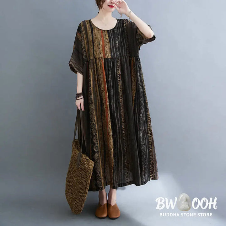 Buddha Stones Boho Geometry Short Sleeve Midi Dress With Pockets - Midi Dress