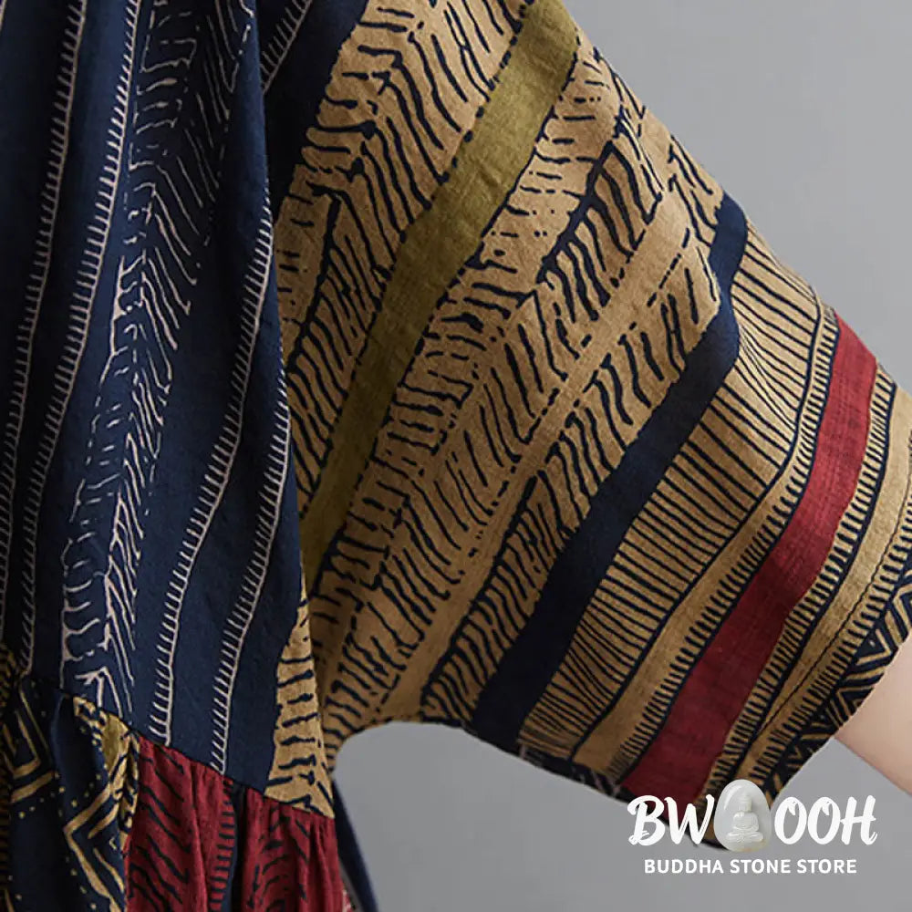 Buddha Stones Boho Geometry Short Sleeve Midi Dress With Pockets - Midi Dress