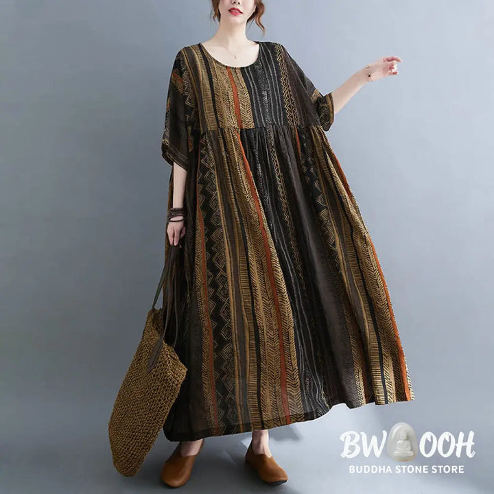 Buddha Stones Boho Geometry Short Sleeve Midi Dress With Pockets - Midi Dress