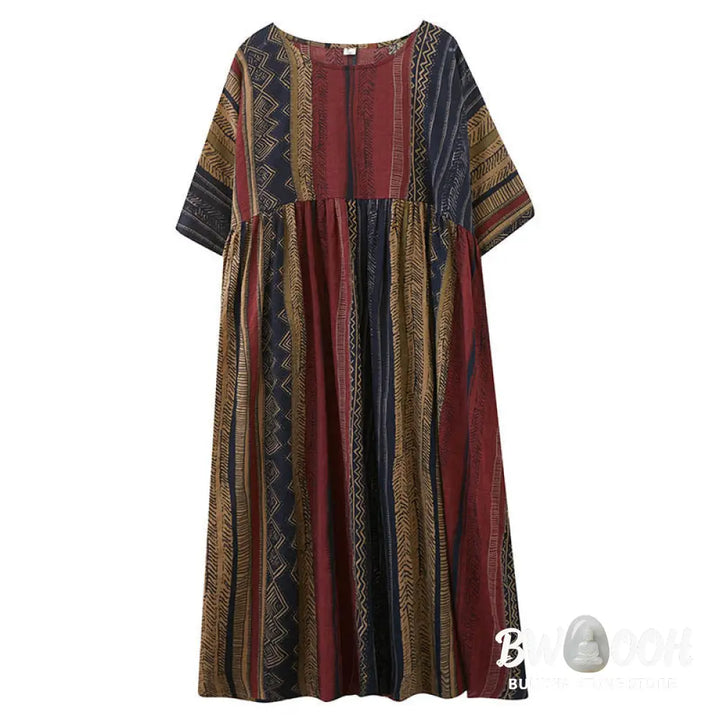 Buddha Stones Boho Geometry Short Sleeve Midi Dress With Pockets - Midi Dress