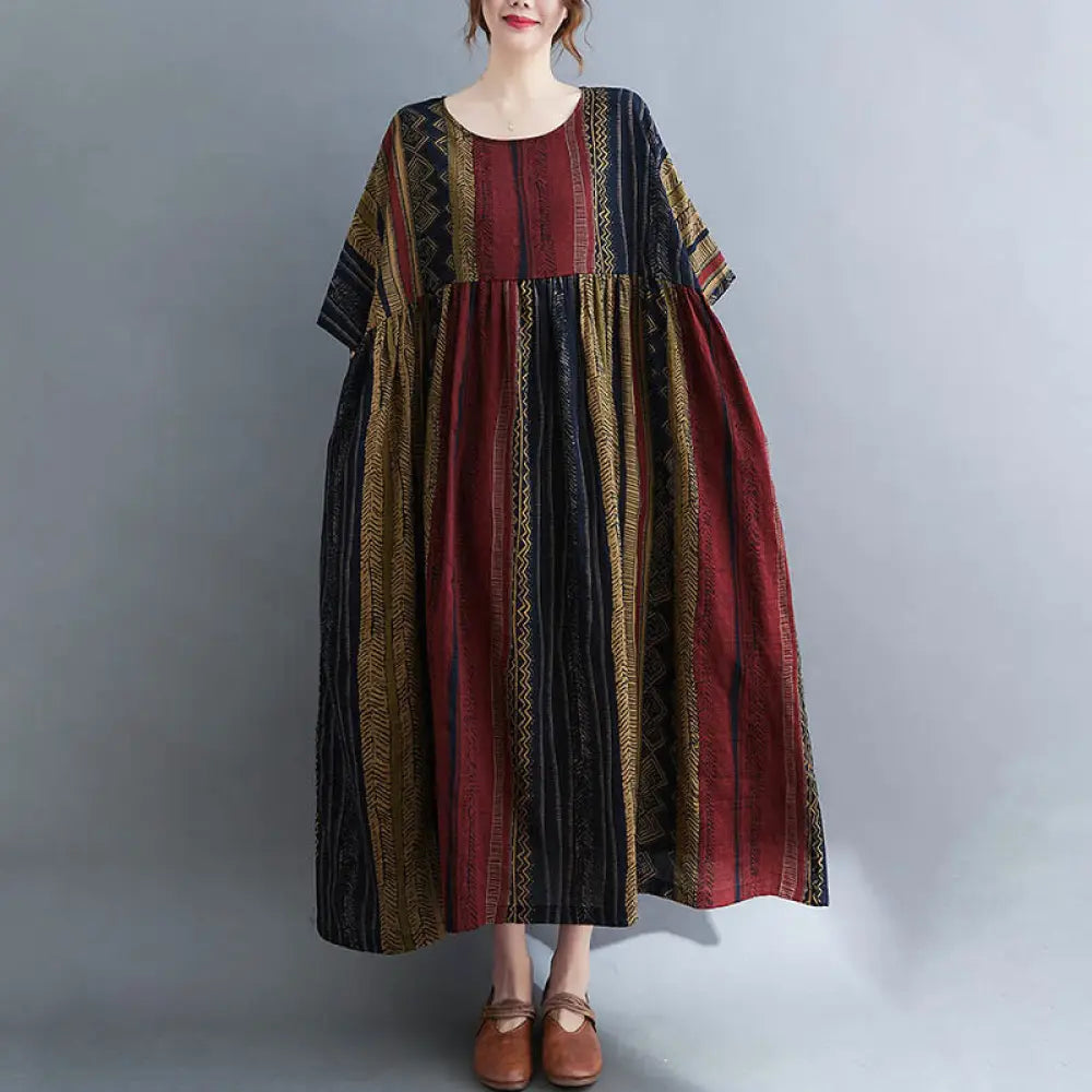 Buddha Stones Boho Geometry Short Sleeve Midi Dress With Pockets - DarkKhaki / F(Fit for US4-14; UK/AU8-18; EU36-46)
