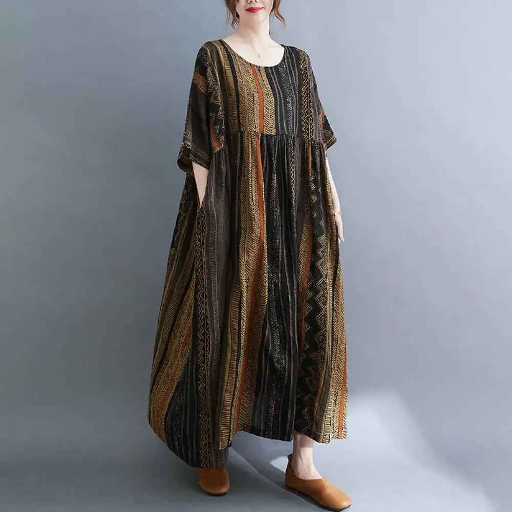 Buddha Stones Boho Geometry Short Sleeve Midi Dress With Pockets - Tan / F(Fit for US4-14; UK/AU8-18; EU36-46) - Midi