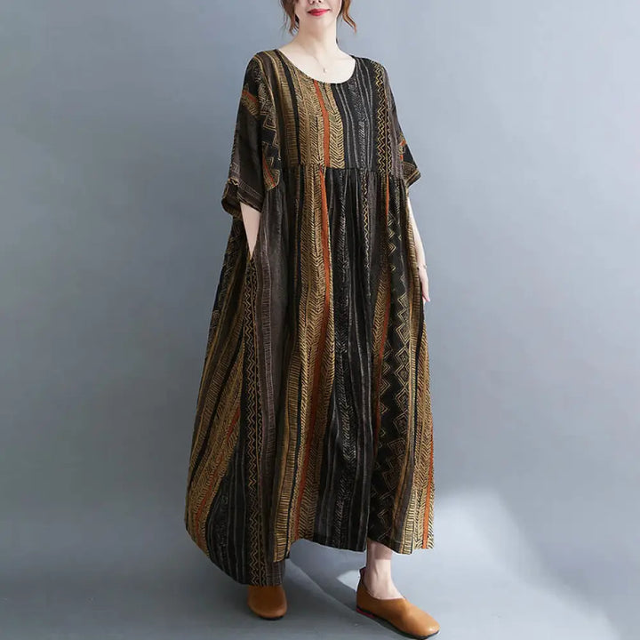 Buddha Stones Boho Geometry Short Sleeve Midi Dress With Pockets - Tan / F(Fit for US4-14; UK/AU8-18; EU36-46) - Midi