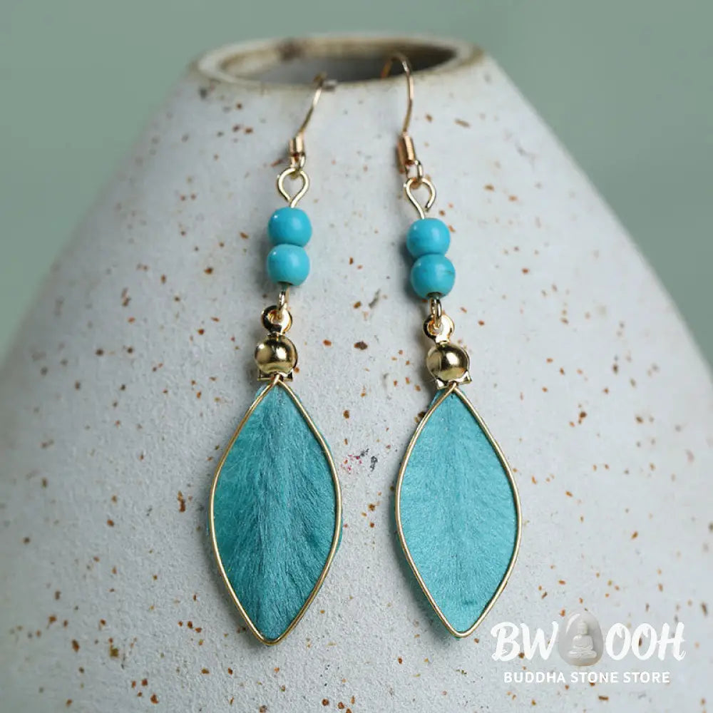 Buddha Stones Boho Handcrafted Silk Art Bead Leave Shape Good Fortune Hook Dangle Earrings - Silk fibers(Size: About