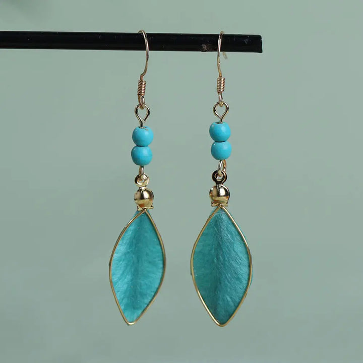 BWOOOH Boho Handcrafted Silk Art Bead Leave Shape Good Fortune Hook Dangle Earrings — natural stone crystal healing bracel...