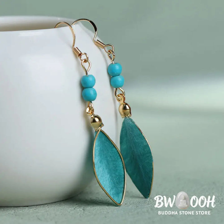 Buddha Stones Boho Handcrafted Silk Art Bead Leave Shape Good Fortune Hook Dangle Earrings - Silk fibers(Size: About