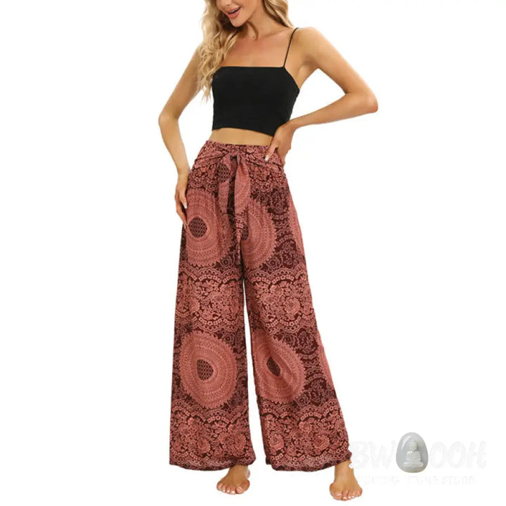 BWOOOH printed wide-leg yoga pants - Boho Lace-up Wide Leg Pants Women&