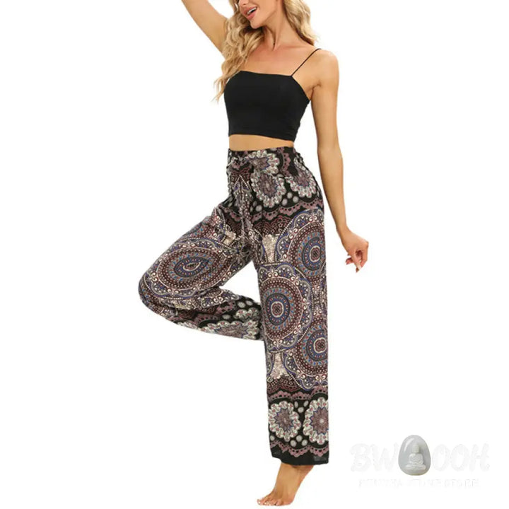 BWOOOH mandala print wide-leg yoga pants - Boho Mandala Print Lace-up Wide Leg Pant