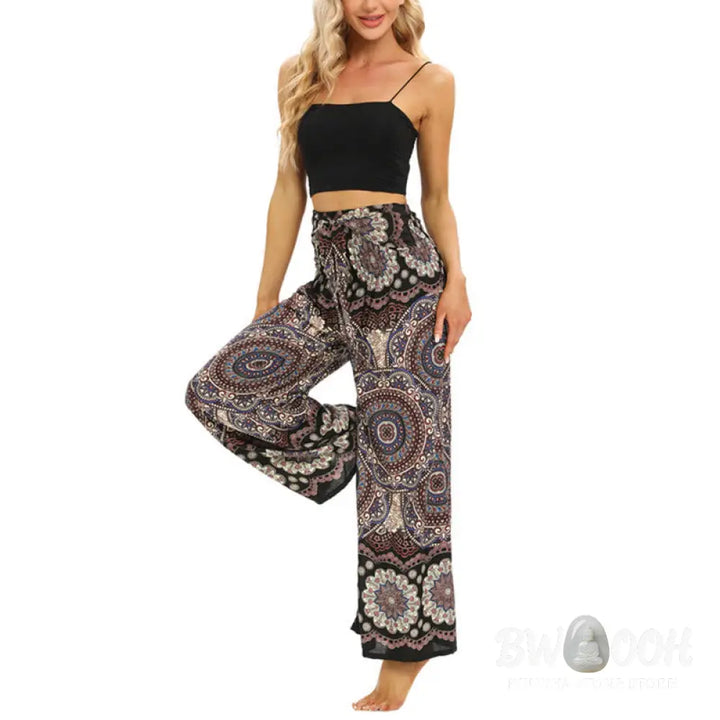 BWOOOH mandala print wide-leg yoga pants - Boho Mandala Print Lace-up Wide Leg Pant