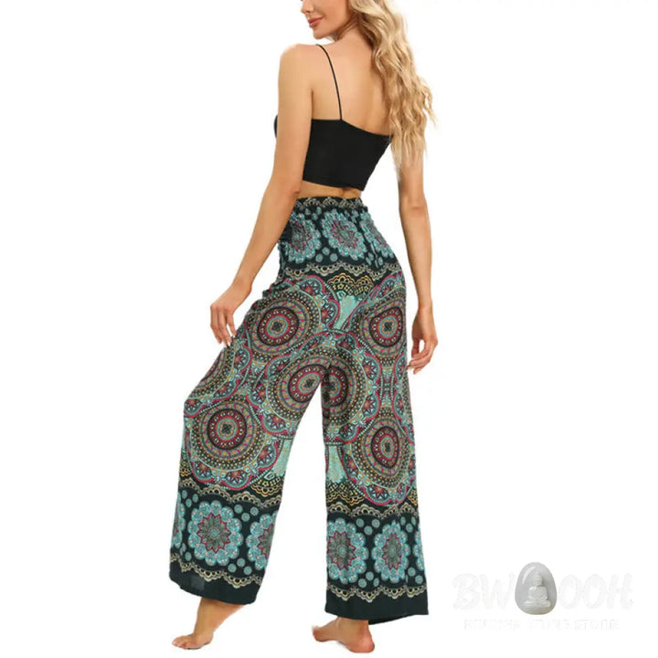BWOOOH mandala print wide-leg yoga pants - Boho Mandala Print Lace-up Wide Leg Pant
