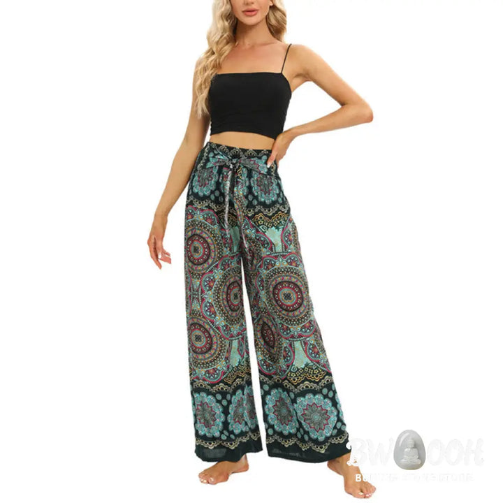 BWOOOH mandala print wide-leg yoga pants - Boho Mandala Print Lace-up Wide Leg Pant