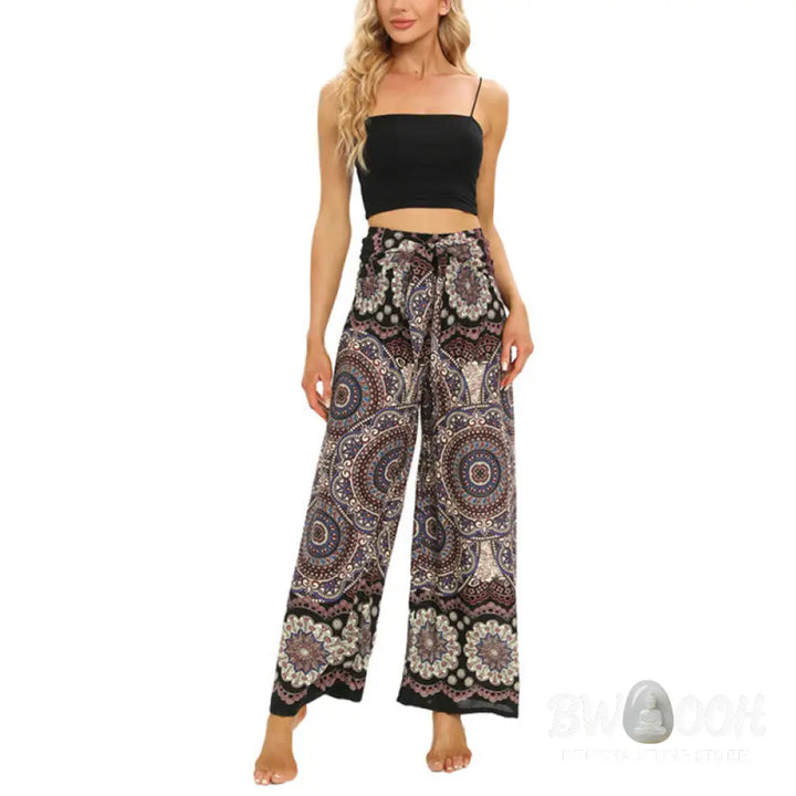 BWOOOH mandala print wide-leg yoga pants - Boho Mandala Print Lace-up Wide Leg Pant