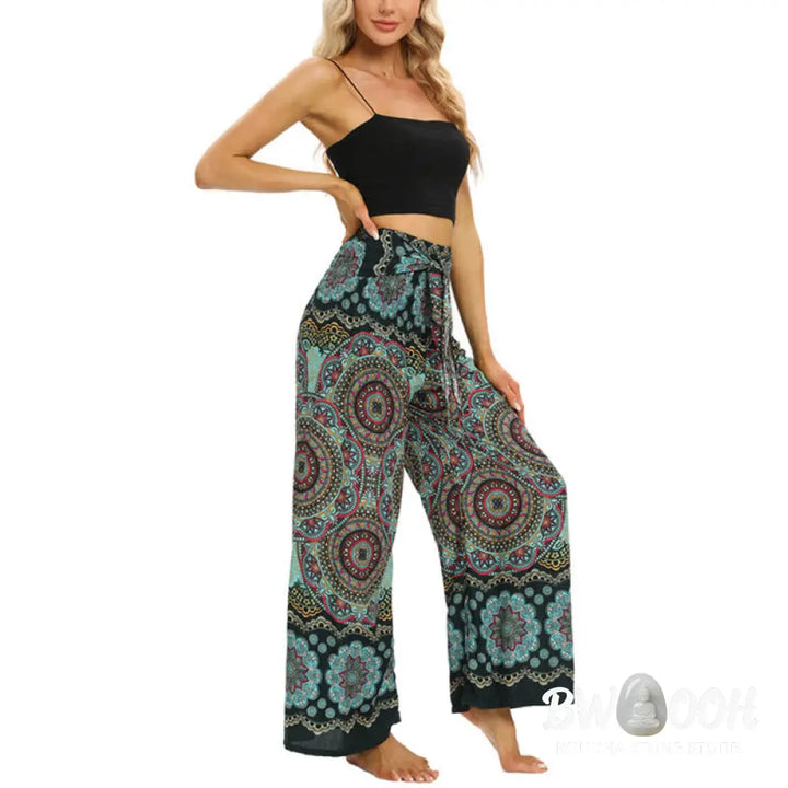 BWOOOH mandala print wide-leg yoga pants - Boho Mandala Print Lace-up Wide Leg Pant