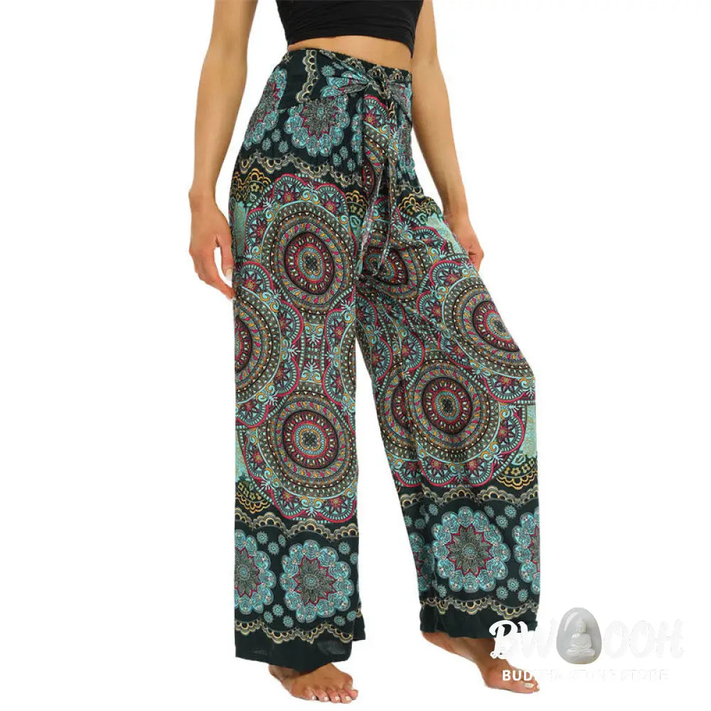 BWOOOH mandala print wide-leg yoga pants - Boho Mandala Print Lace-up Wide Leg Pant