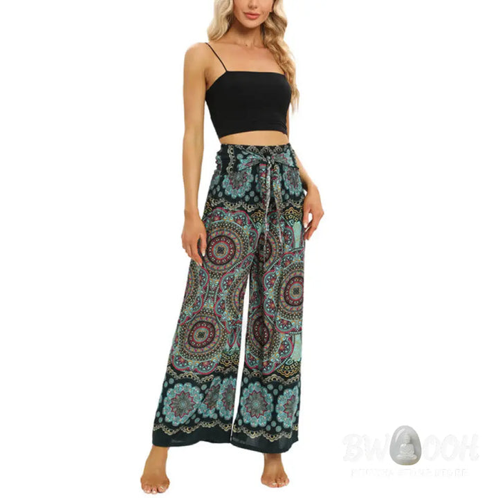 BWOOOH mandala print wide-leg yoga pants - Boho Mandala Print Lace-up Wide Leg Pant