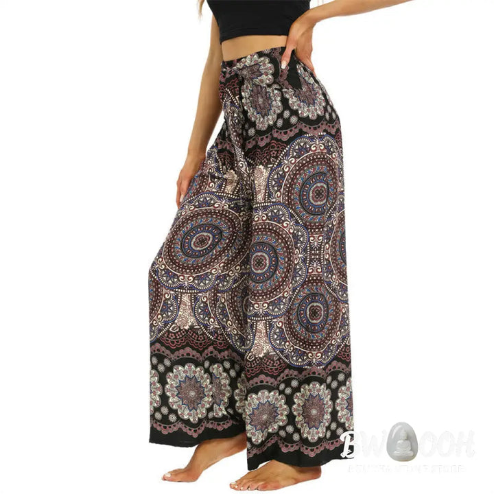 BWOOOH mandala print wide-leg yoga pants - Boho Mandala Print Lace-up Wide Leg Pant