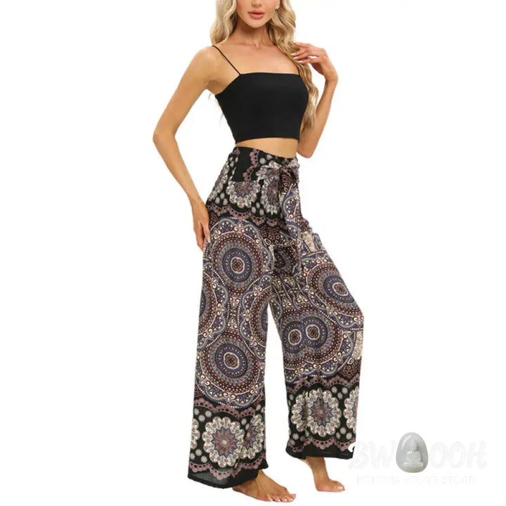 BWOOOH mandala print wide-leg yoga pants - Boho Mandala Print Lace-up Wide Leg Pant