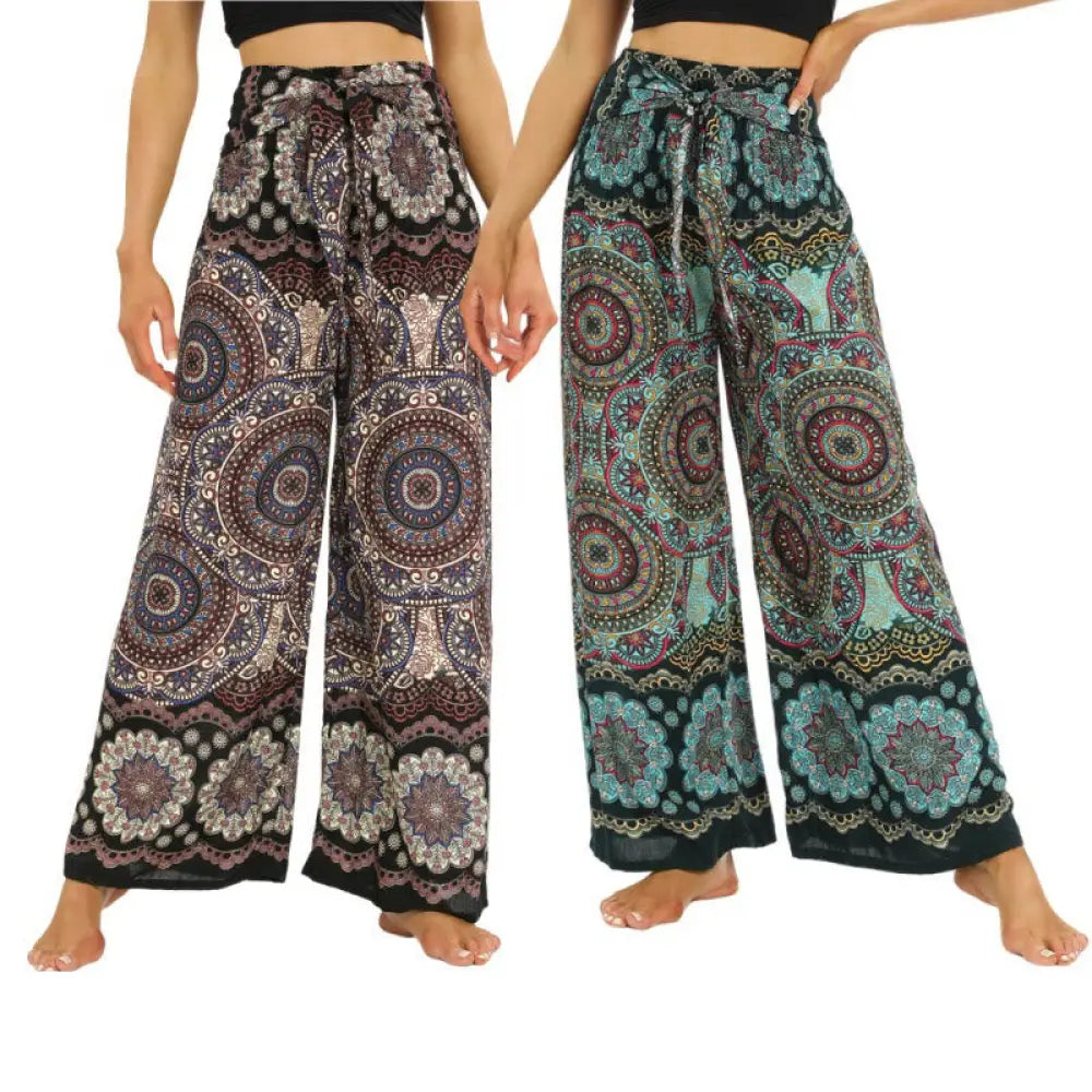 BWOOOH mandala print wide-leg yoga pants - Boho Mandala Print Lace-up Wide Leg Pant