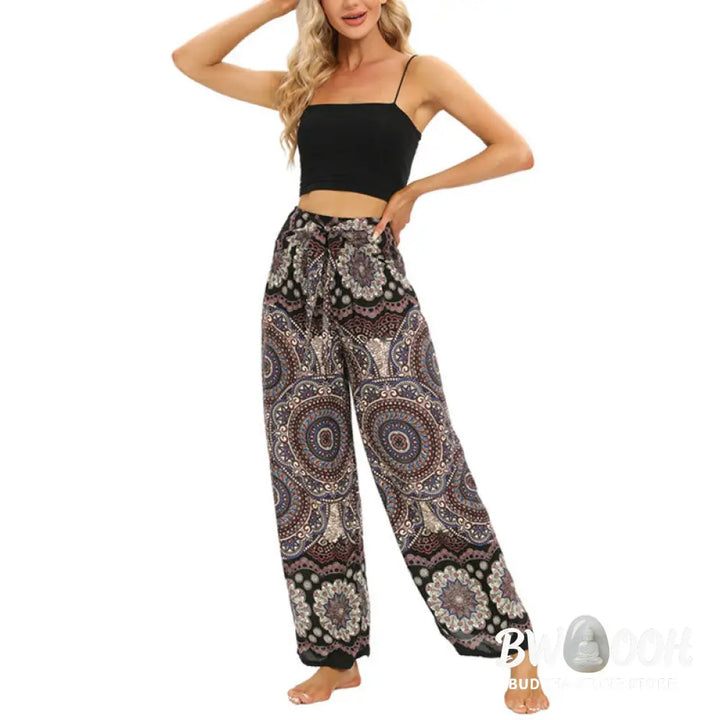 BWOOOH mandala print wide-leg yoga pants - Boho Mandala Print Lace-up Wide Leg Pant
