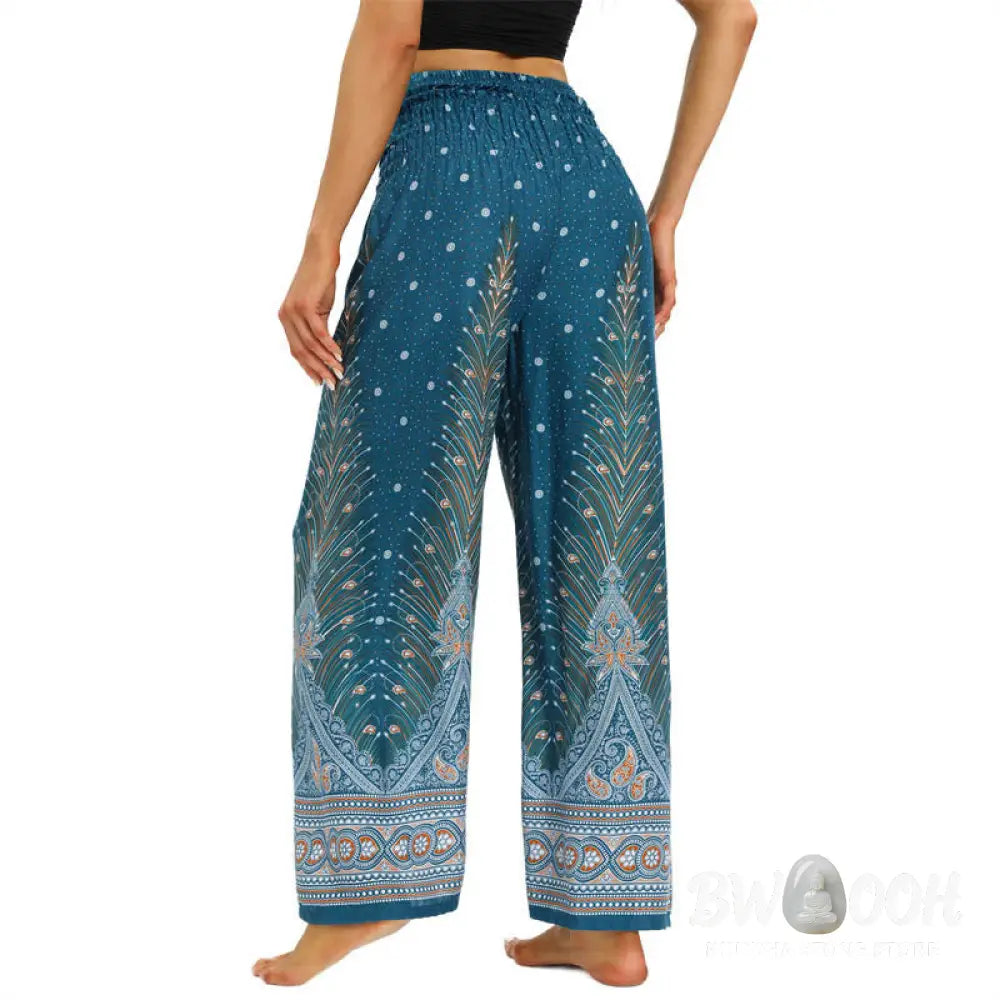 BWOOOH peacock print wide-leg yoga pants - Boho Peacock Feathers Lace-up Wide Leg P