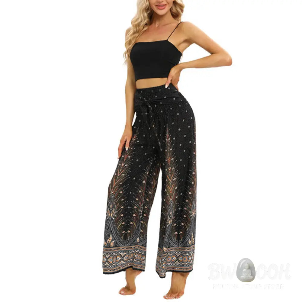 BWOOOH peacock print wide-leg yoga pants - Boho Peacock Feathers Lace-up Wide Leg P
