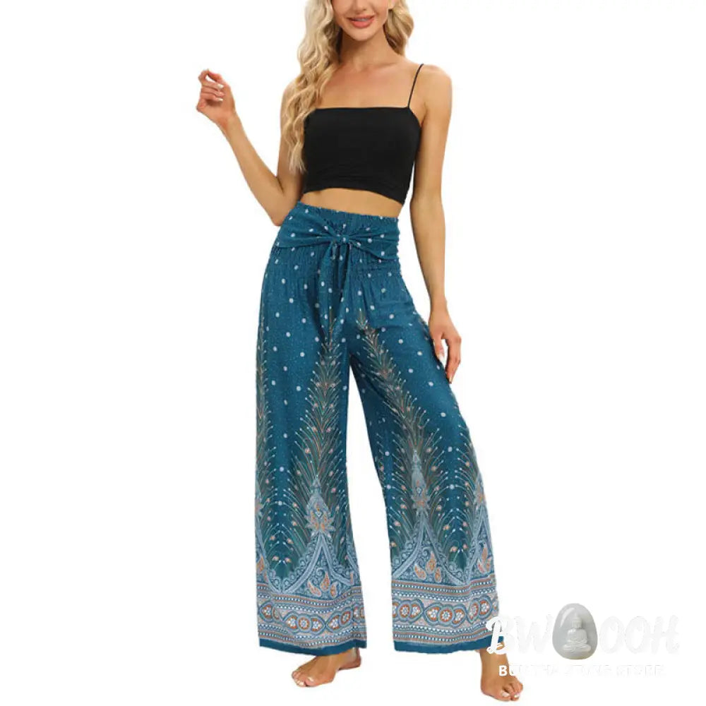 BWOOOH peacock print wide-leg yoga pants - Boho Peacock Feathers Lace-up Wide Leg P