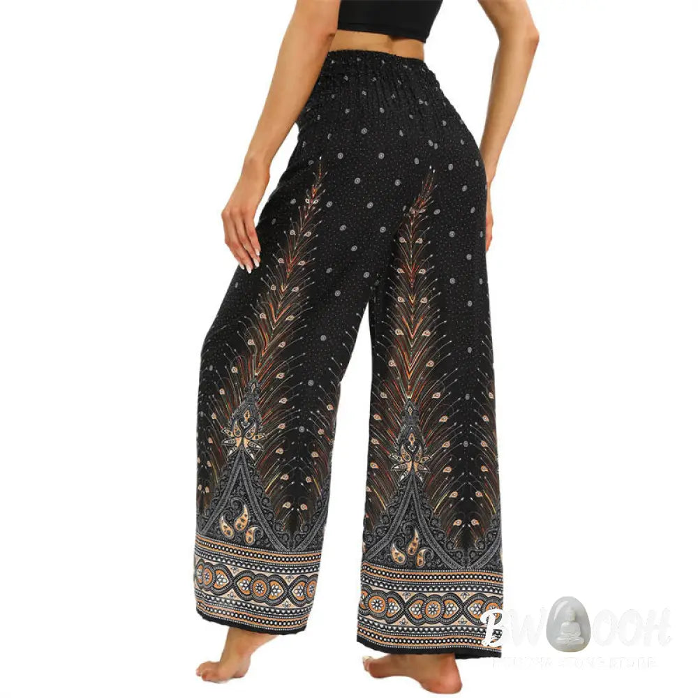 BWOOOH peacock print wide-leg yoga pants - Boho Peacock Feathers Lace-up Wide Leg P