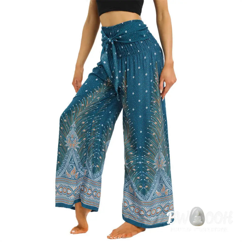 BWOOOH peacock print wide-leg yoga pants - Boho Peacock Feathers Lace-up Wide Leg P