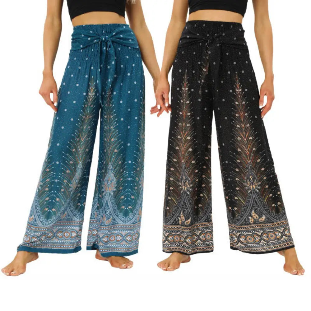 BWOOOH peacock print wide-leg yoga pants - Boho Peacock Feathers Lace-up Wide Leg P