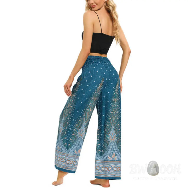 BWOOOH peacock print wide-leg yoga pants - Boho Peacock Feathers Lace-up Wide Leg P