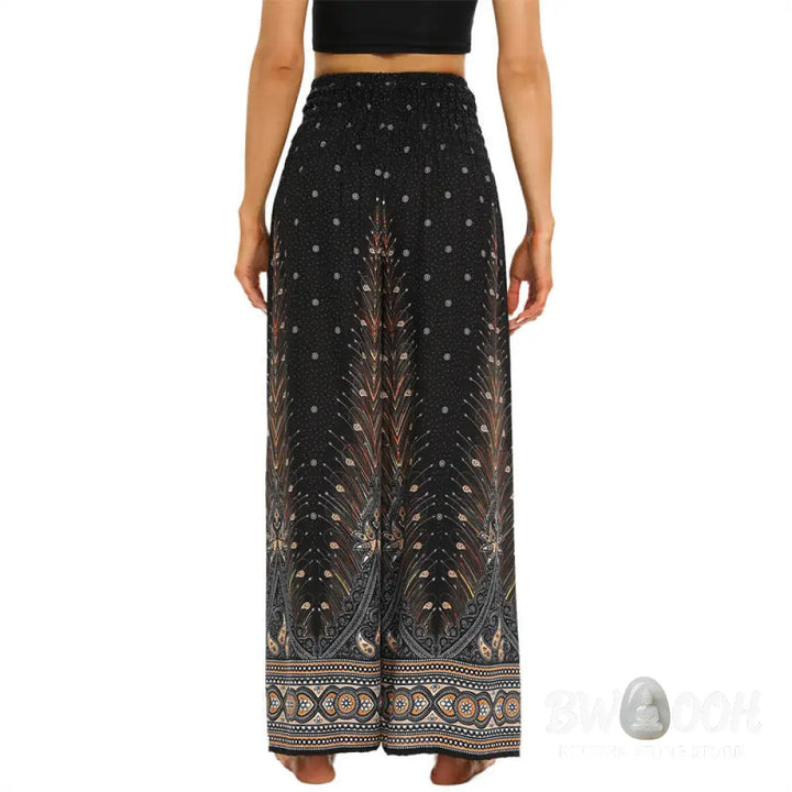 BWOOOH peacock print wide-leg yoga pants - Boho Peacock Feathers Lace-up Wide Leg P