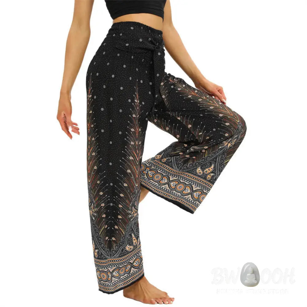 BWOOOH peacock print wide-leg yoga pants - Boho Peacock Feathers Lace-up Wide Leg P